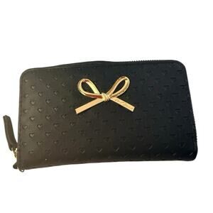 Betsey Johnson Black Zip-Around Wallet Gold Bow Heart Embossed Faux Leather